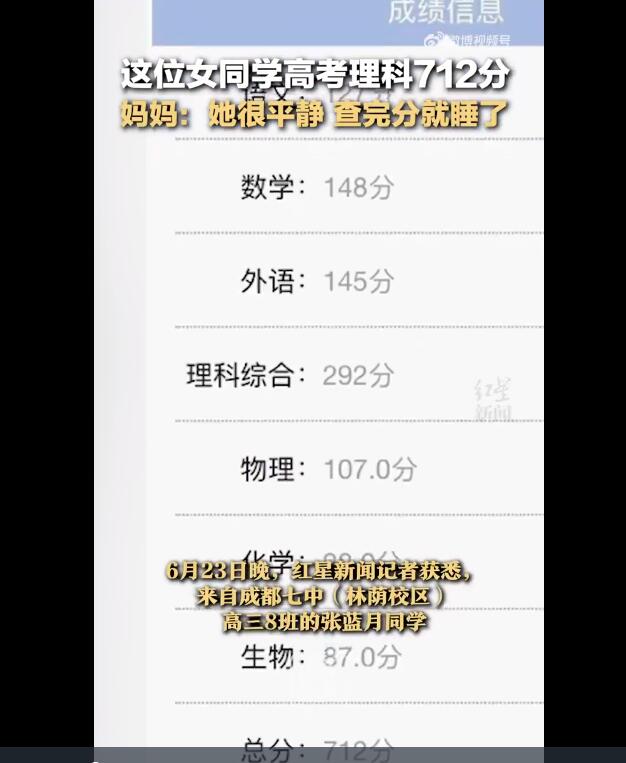 女生高考712分 查完分就睡觉 妈妈：女儿一直都挺乖的